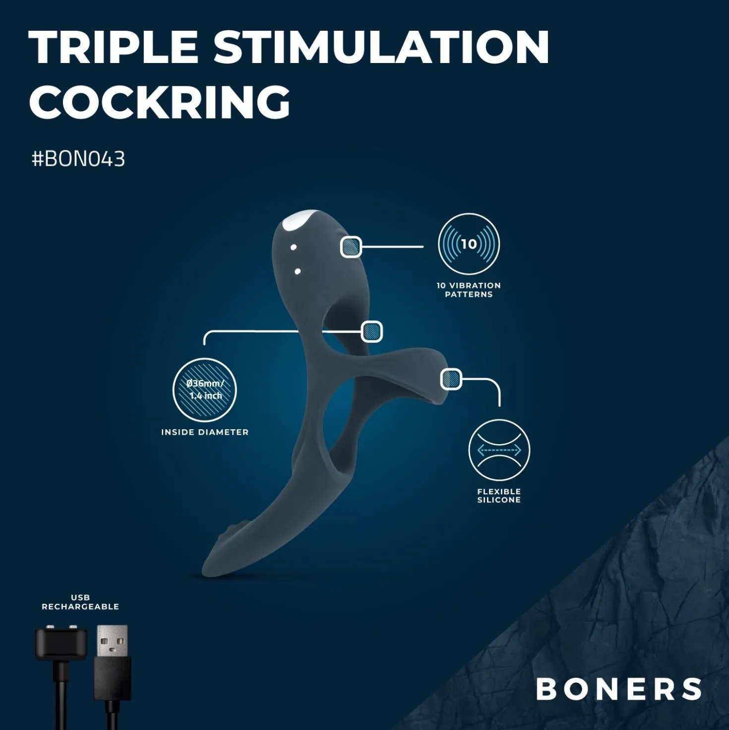Boners - Triple cockring vibrant - Bleu