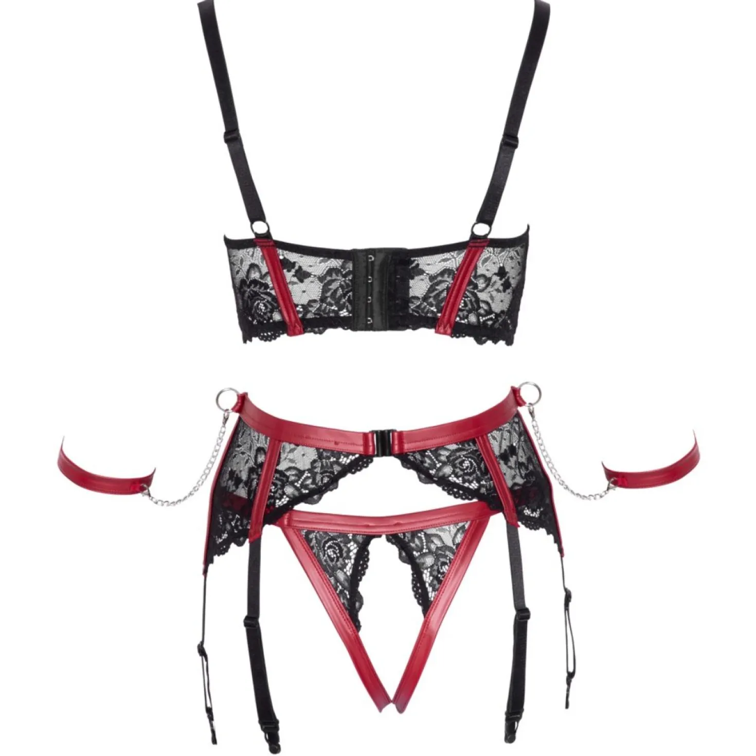 Cottelli Bondage - Ensemble 3 pièces avec jarretelles - Noir/Rouge