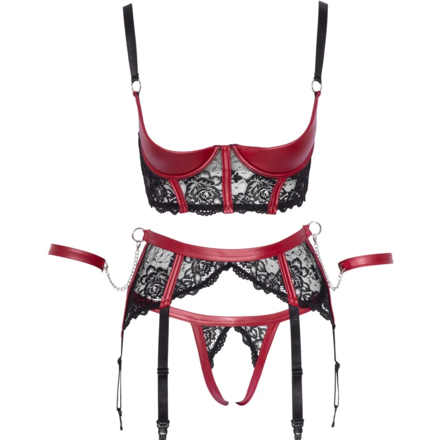 Cottelli Bondage - Ensemble 3 pièces avec jarretelles - Noir/Rouge
