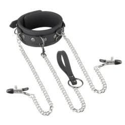 EasyToys - Collier, laisse et pinces à tétons en silicone - Noir