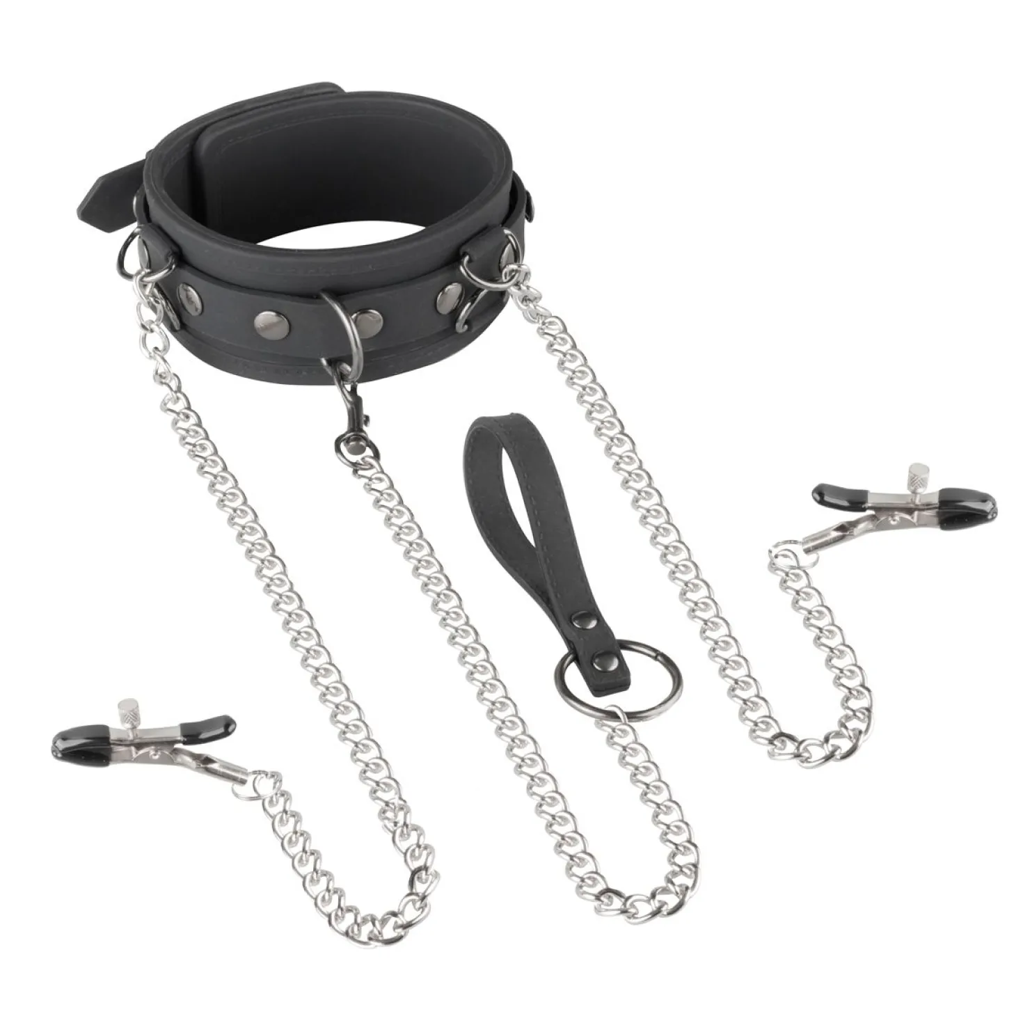 EasyToys - Collier, laisse et pinces à tétons en silicone - Noir