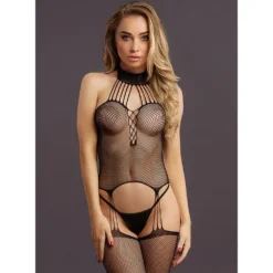 Le Desir - Bodystocking Porte-Jarretelles en Résille avec Collier - Noir