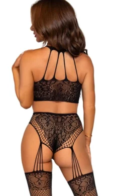 Leg Avenue - Body en Dentelle à Col Halter avec Porte-Jarretelles Intégrés