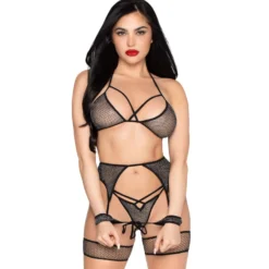 Leg Avenue – Ensemble Soutien, String & Harnais Résille Lurex – Noir