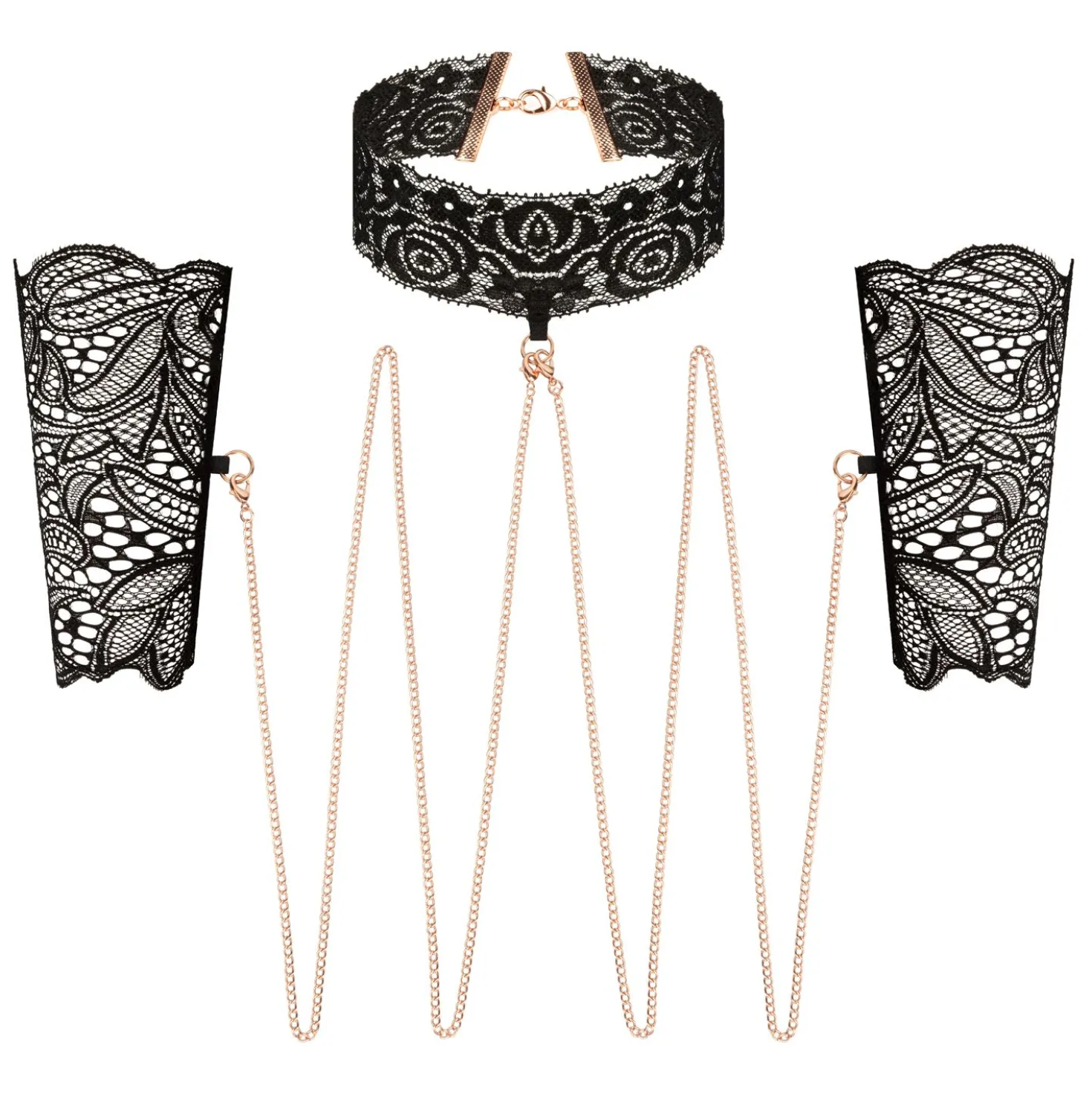 Rosy Gold - Menottes en Dentelle et Collier - Noir