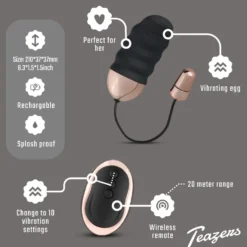 Teazers - Œuf vibrant nervuré de forme aplatie avec télécommande - Noir